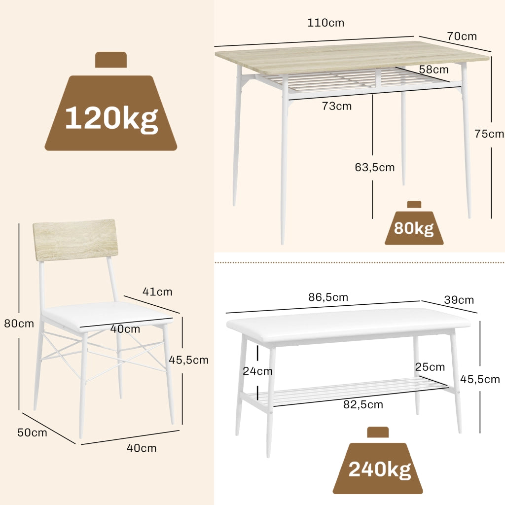 Tavolo da pranzo per 4 persone con 2 sedie e panca, ripiani contenitore, per cucina e sala da pranzo, rovere