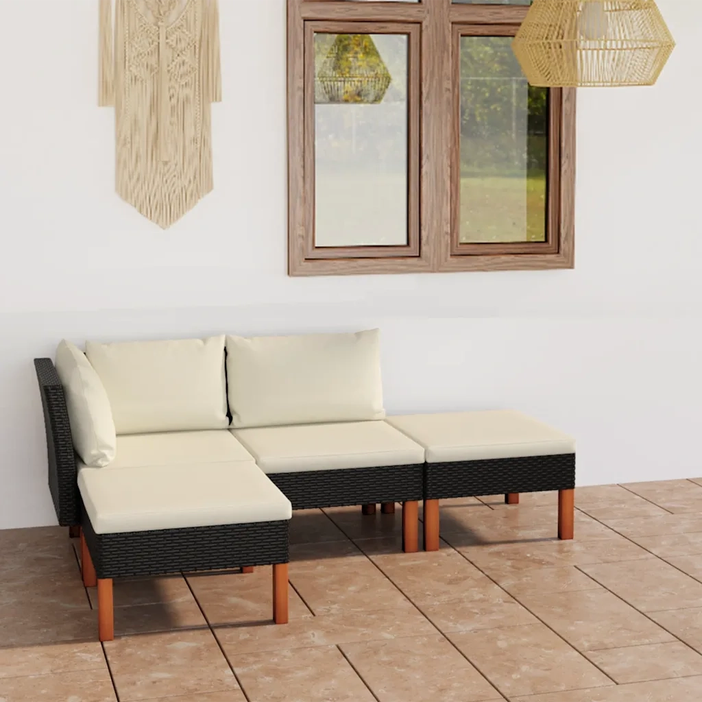 Set Divani da Giardino 4 pz | Set Salotto da Giardino con Cuscini in Polyrattan Nero
