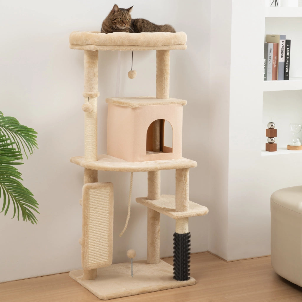 Albero per Gatti Multilivello Alto 132 cm con Casetta. Lettino. Pali Tiragraffi. Spazzola e Pallina. Beige