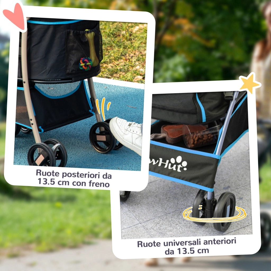 Passeggino per Cani Convertibile in Trasportino 82x49,5x98 cm in Acciaio e Poliestere Azzurro e Nero