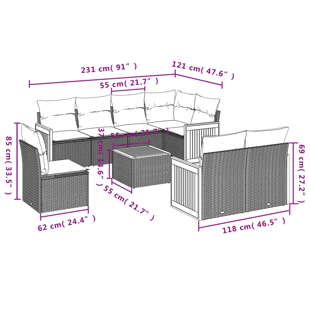 Set Divano da Giardino 9 pz con Cuscini Grigio in Polyrattan