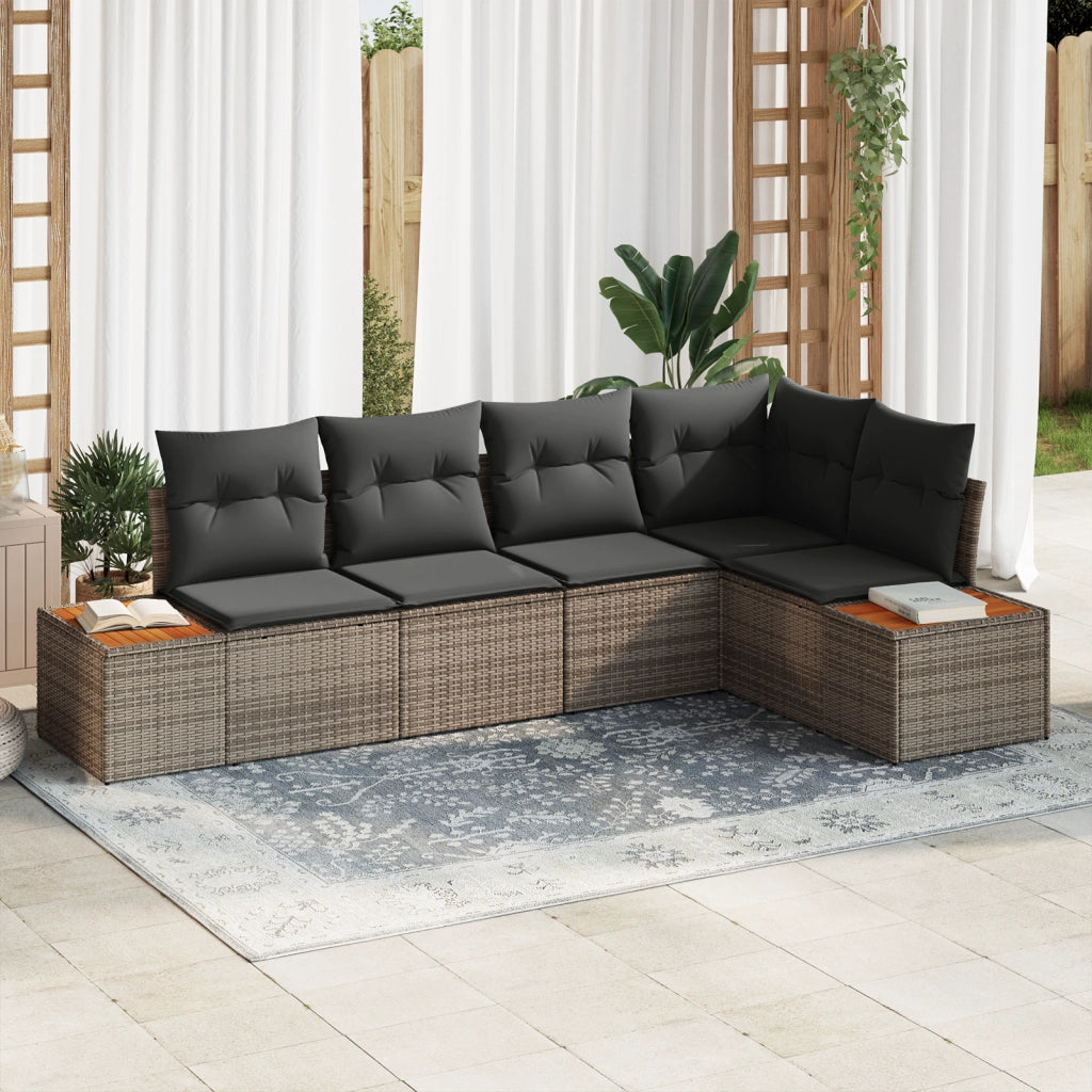 Set Divano da Giardino 5 Pezzi con Cuscini Grigio Polyrattan Acacia