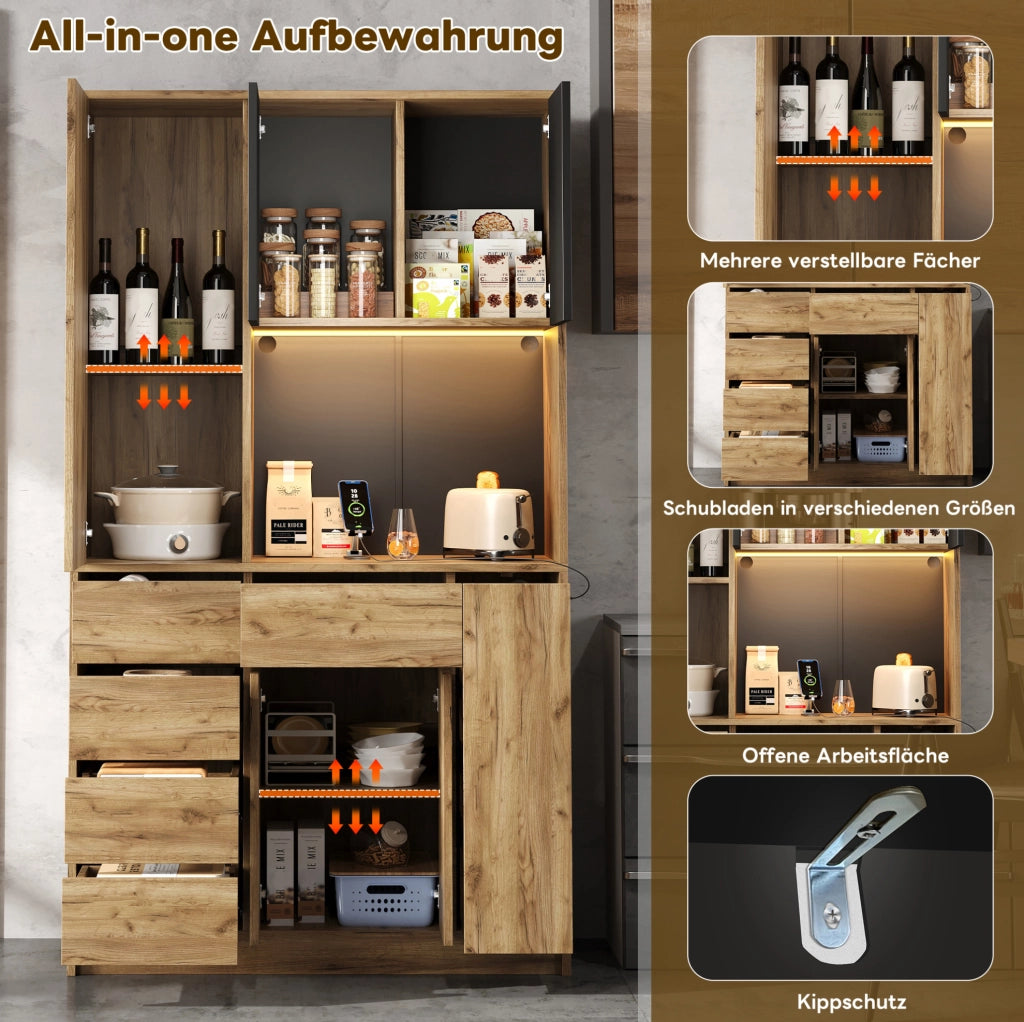 Credenza da cucina con LED e prese, 185 × 105 × 40 cm