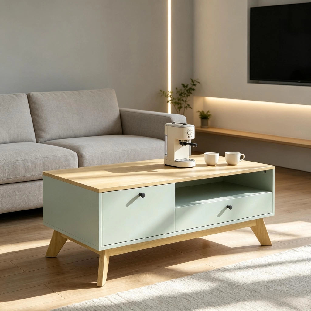 Tavolino da caffè con cassetto; anta e vano aperto - per soggiorno - in MDF - verde chiaro
