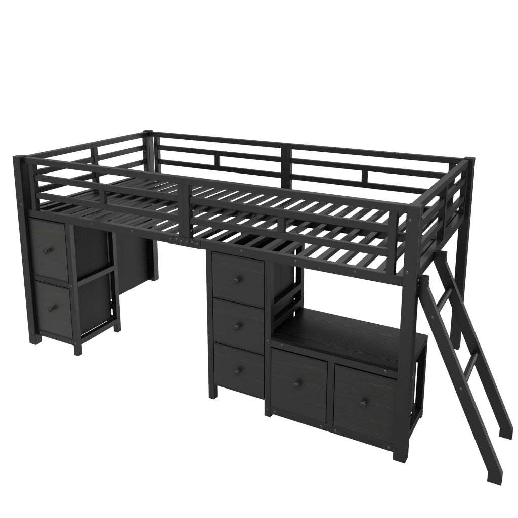 Letto a mezza altezza 90x200 cm salvaspazio con 7 cassetti in tessuto; mensole; area gioco e LED 7 colori; nero
