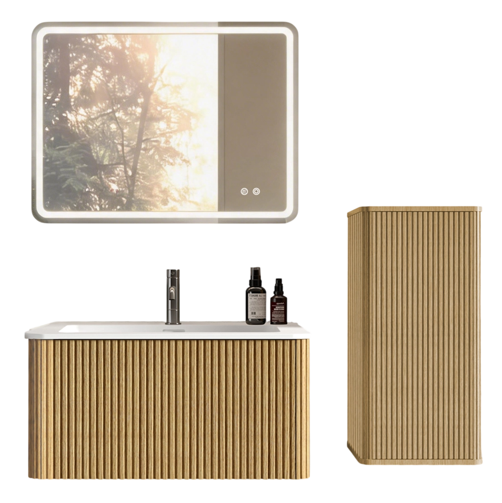 Set mobili bagno sospesi rovere MDF con lavabo; specchio LED e colonna