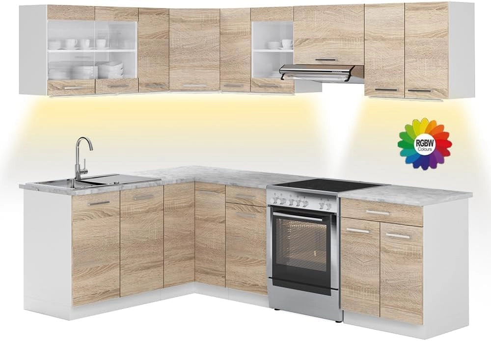 Cucina ad angolo Rick, Bianco/Sonoma, 250 x 60 cm, PL Marmo, espandibile e combinabile in modo flessibile con elementi modulari