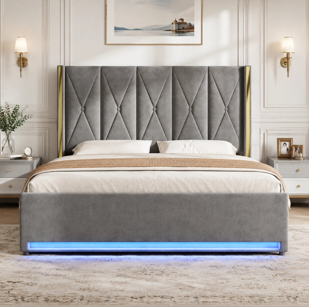 Letto matrimoniale 180x200 cm in velluto grigio scuro con contenitore; LED; USB e Type-C