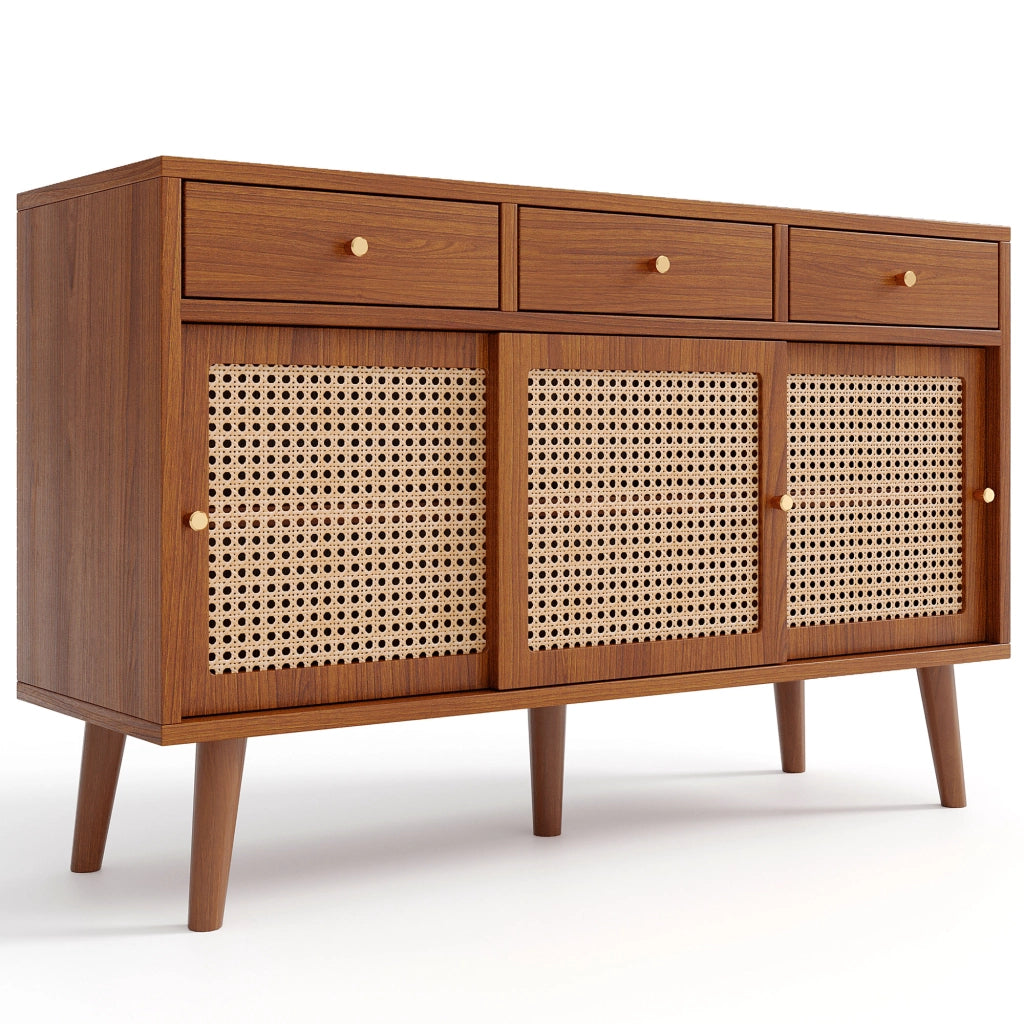Credenza con Cassetti e Ante Scorrevoli in Rattan ¨C MINIMAL ¨C Noce, Metallo Dorato, 120x40x78