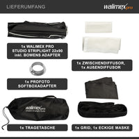 Studio Striplight Softbox 22x90cm + adattatore softbox per Profoto (diametro esterno: 15,2 cm), ruotabile a 360°, incluso griglia, maschera, adattatore Bowens e borsa per il trasporto