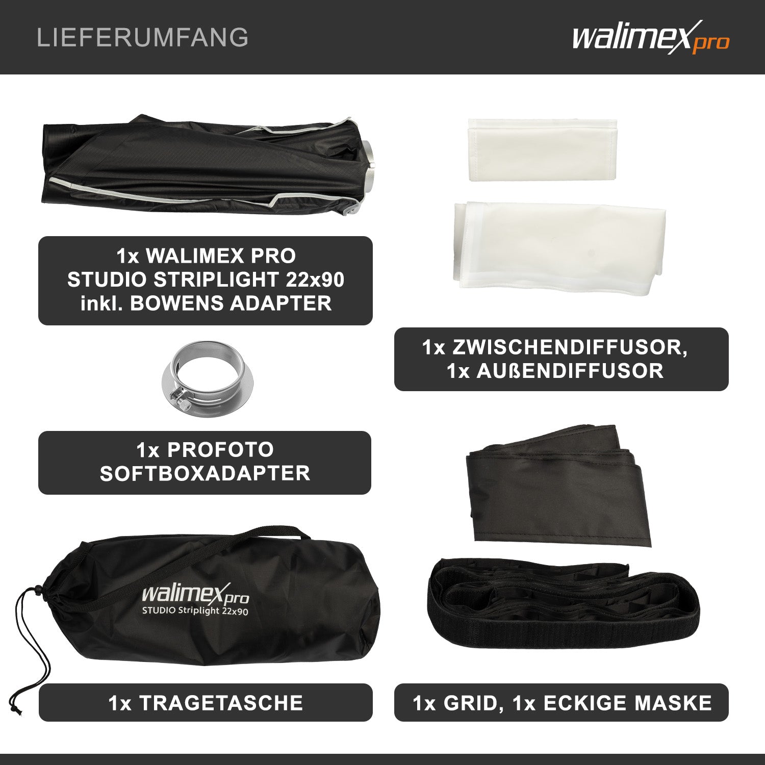 Studio Striplight Softbox 22x90cm + adattatore softbox per Profoto (diametro esterno: 15,2 cm), ruotabile a 360°, incluso griglia, maschera, adattatore Bowens e borsa per il trasporto