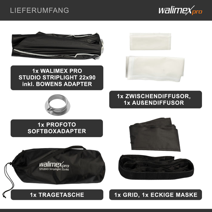 Studio Striplight Softbox 22x90cm + adattatore softbox per Profoto (diametro esterno: 15,2 cm), ruotabile a 360°, incluso griglia, maschera, adattatore Bowens e borsa per il trasporto