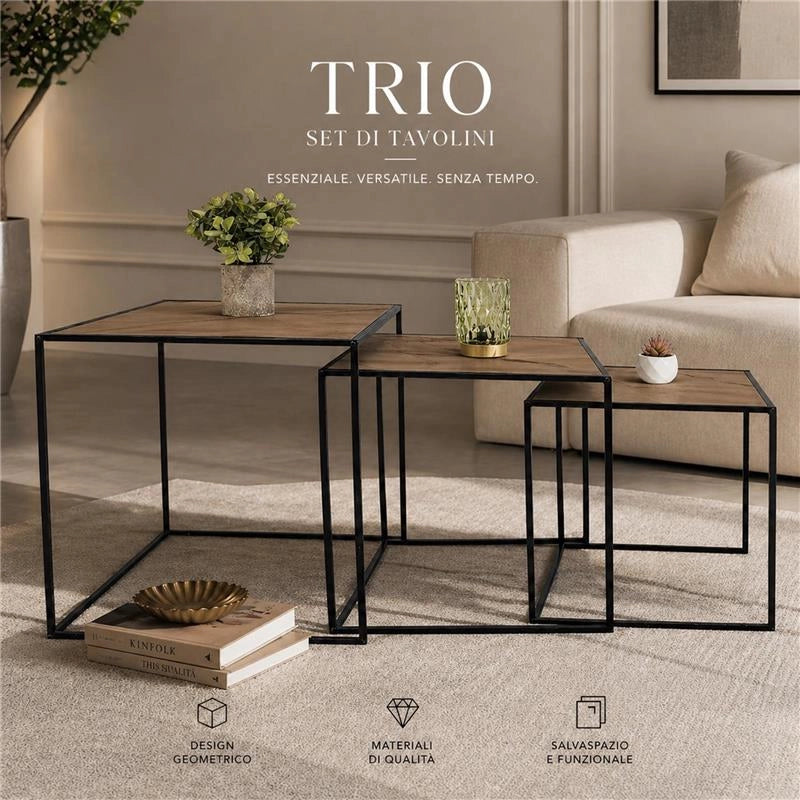 SET DI TRE TAVOLINI RETTANGOLARI CON STRUTTURA IN METALLO NERO E TOP IN MDF EFFETTO LEGNO SCURO MISURE: 35X40CM, 40X45CM, 45X50CM