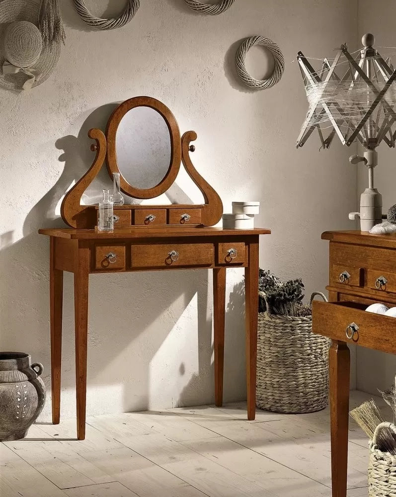 Consolle in legno in 6 cassetti con specchiera arte povera tinta noce l.90 x p.40 h.81 - Mobili 2G