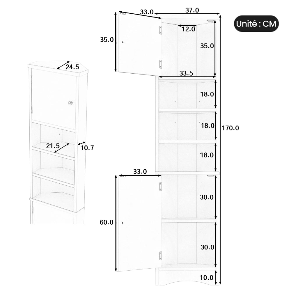 Armadietto da bagno angolare con 2 ante e 3 vani aperti, ripiani regolabili, in MDF, grigio, per bagno