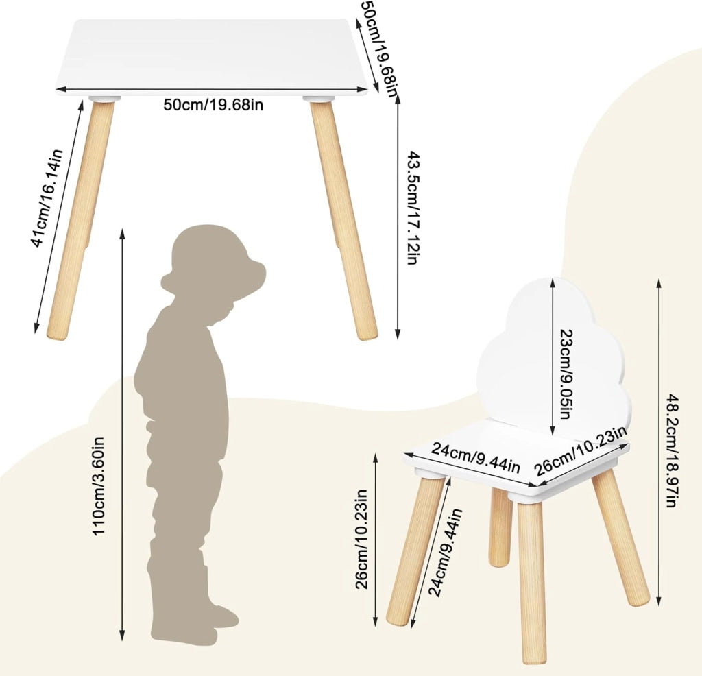 Set di Tavolo e Sedie per Bambini a 3 Pezzi, Tavolino Bambini con Sedie Montessori, Tavolo in Legno e 2 Sedie, per Cameretta, Camera da Letto, Bianco