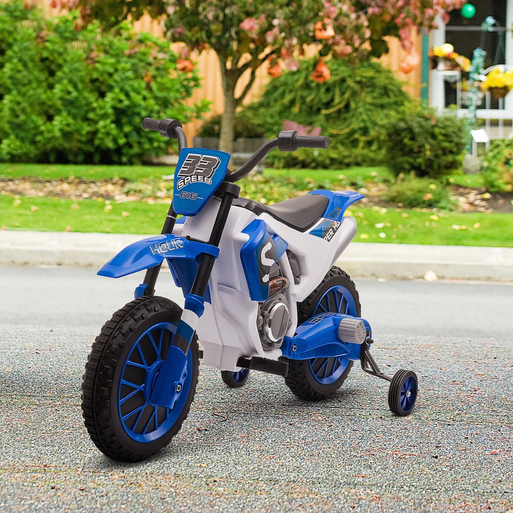 Motocicletta Elettrica Bambini con Ruote di Supporto ¨C zephmum ¨C Blu e Bianco 106.5x51.5x68cm