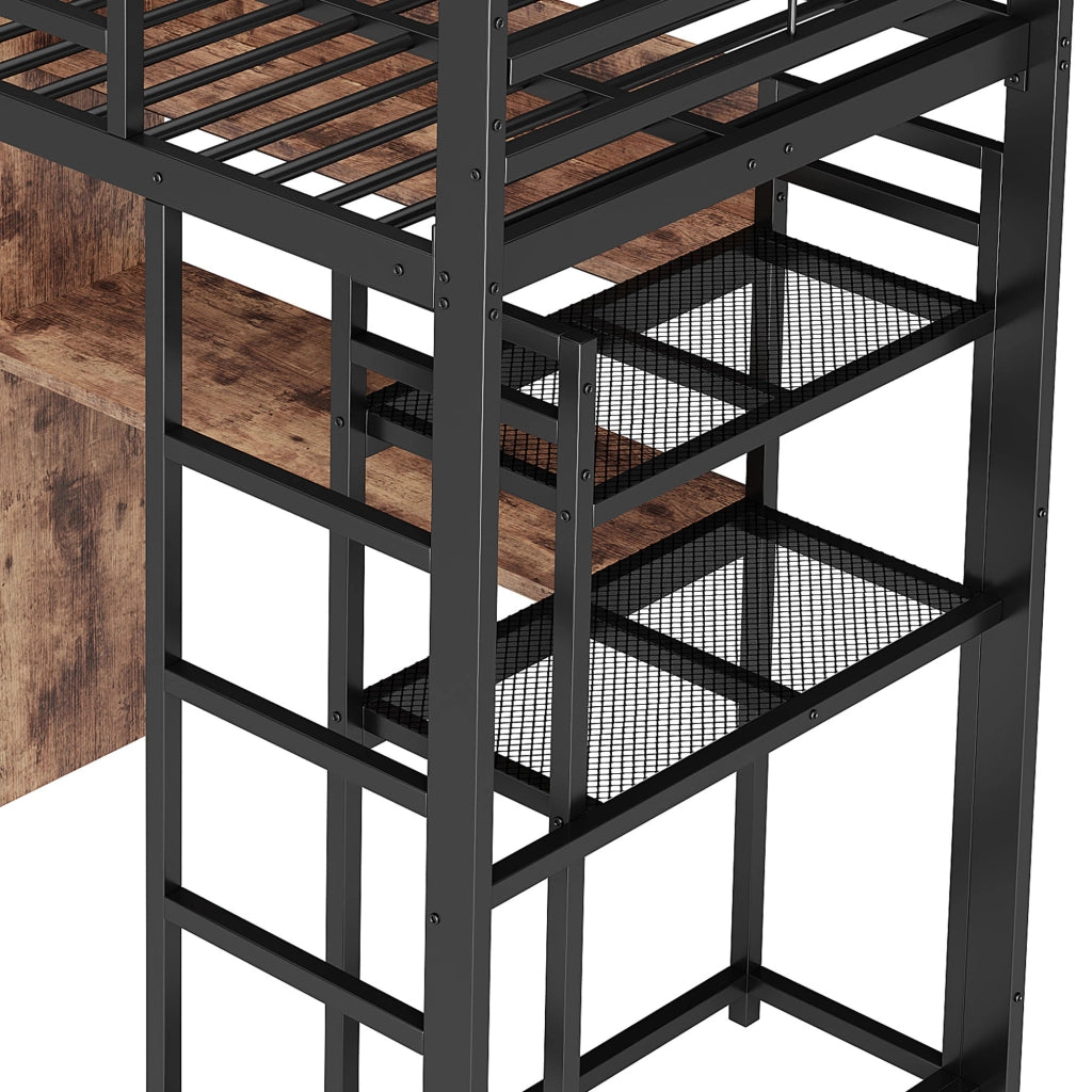 DESMIU Letto a Soppalco 1 Posto con LED, Scrivania, 1 Cassetto e Scaffali 90 × 200 cm senza materasso Nero