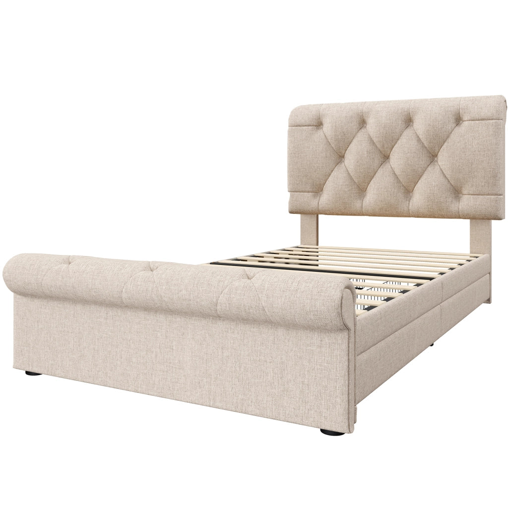 OKWISH Letto con Cassetti 90×200 cm, Letto Singolo con 2 Cassetti, Testiera Regolabile e Imbottitura, senza Materasso, Naturale