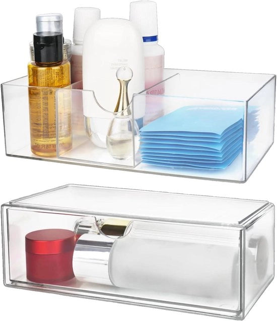 Due organizzatori di makeup trasparenti con ripiani per bagno e camera da letto - stivellabili