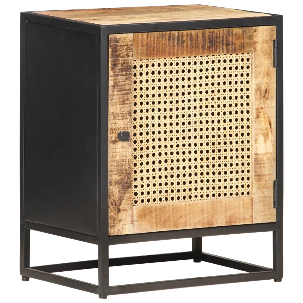 Comodino | Armadio da Notte | Mobiletto da notte 40x30x50 cm Legno di Mango Grezzo e Canna Naturale