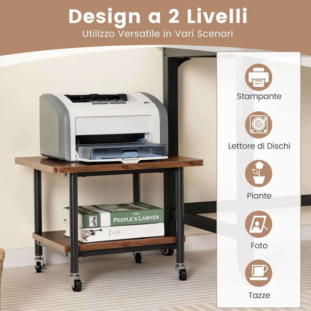 Supporto per Stampante, Carrello Stampante con Ruote Girevoli a 360⁰, Design Rimovibile, Superficie Ampia e Liscia, di Legno e Acciaio, 49 x 40 x 37 cm (Marrone)