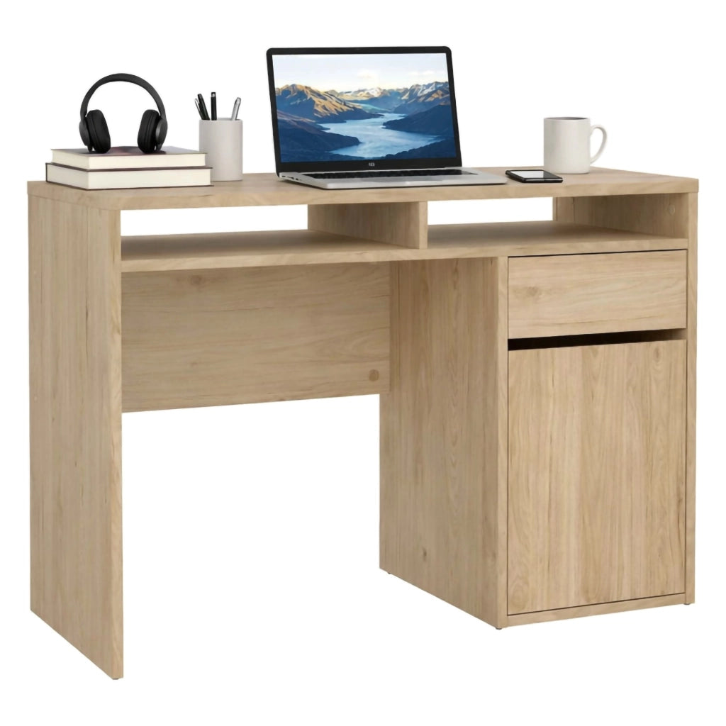 Scrivania Abbadu, Scrittoio multiuso, Tavolo per ufficio porta PC, Piano di lavoro, 110x48 h77 cm, Rovere