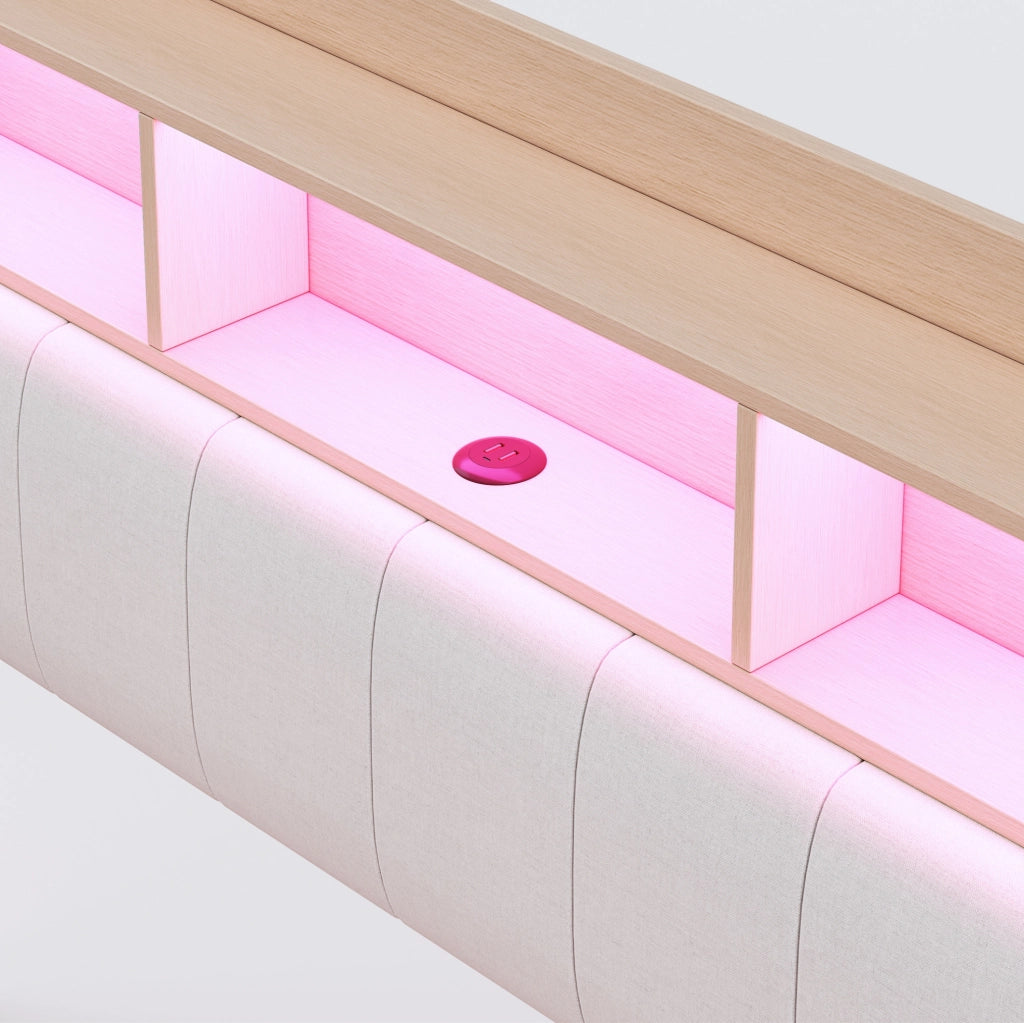 Letto imbottito ULEVR 160x200 cm design sospeso con LED, USB e Type-C, contenitore testiera beige