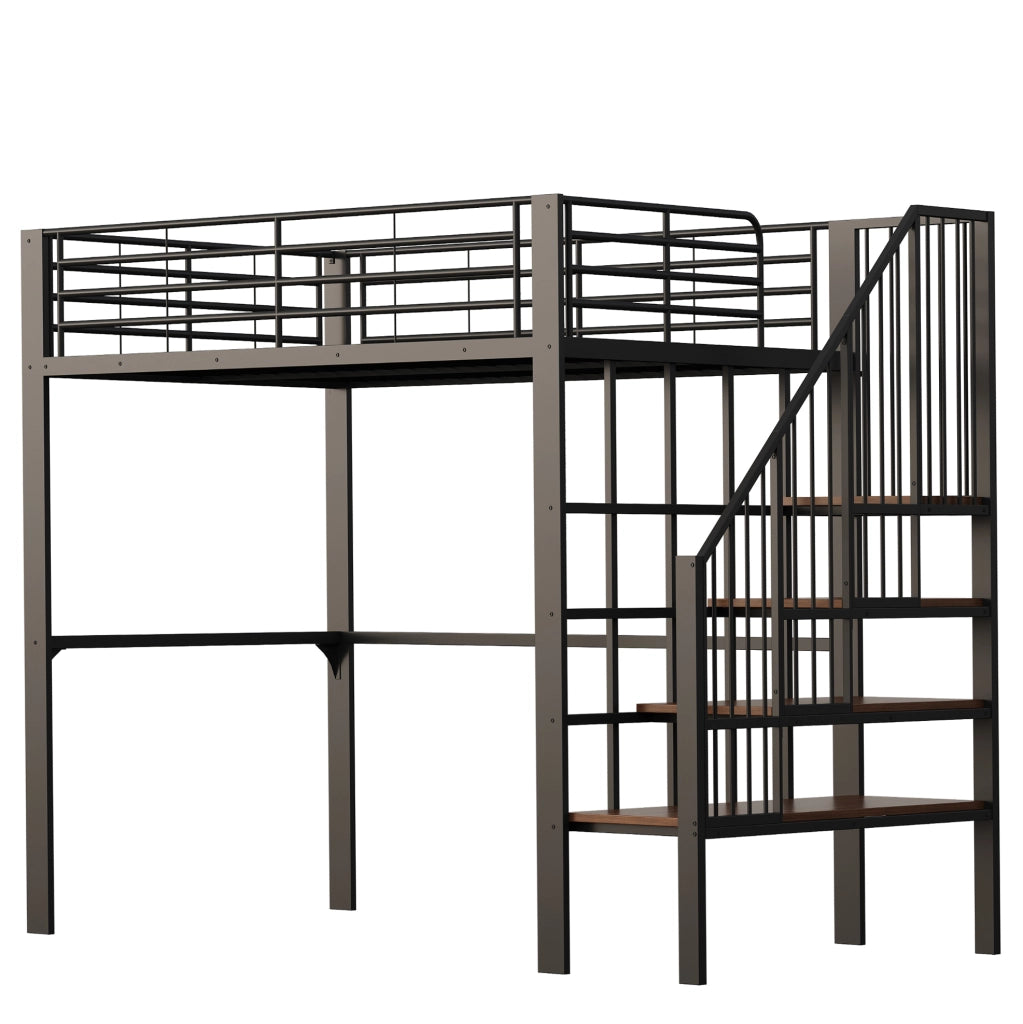 Letto a soppalco 140x200 cm con scala e spazio contenitore; metallo e legno; nero