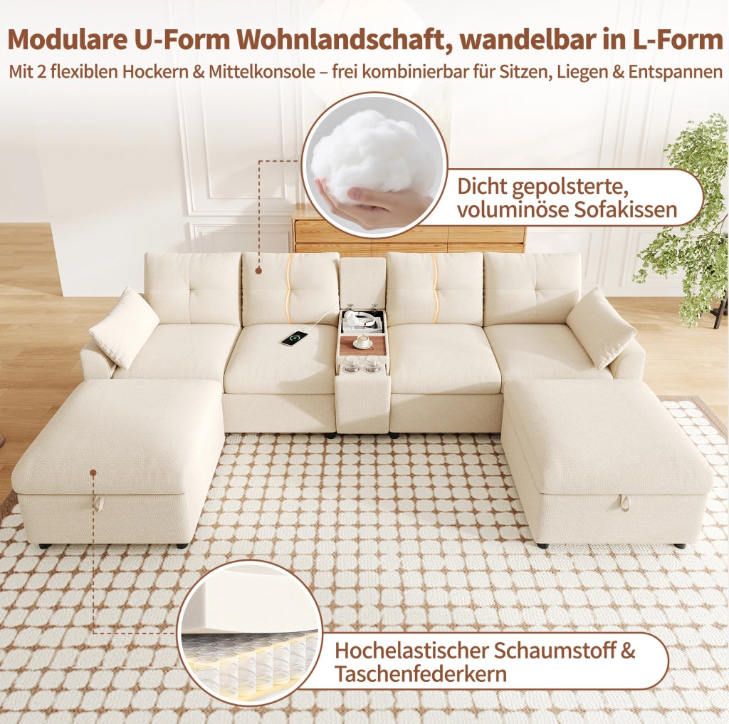 Divano angolare modulare 6 posti a U/L in ciniglia beige con 2 pouf contenitore e USB/Type-C