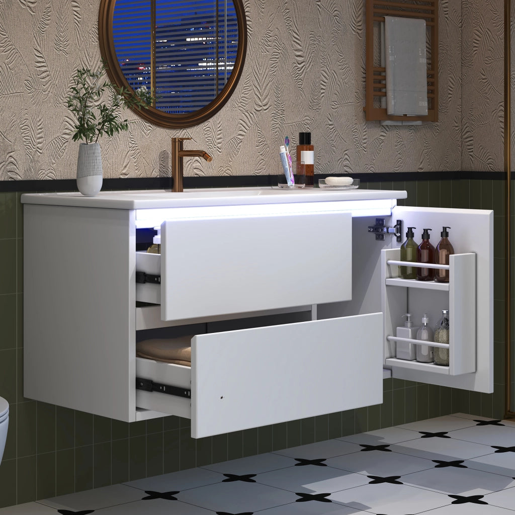 Mobile sottolavabo con lavabo in ceramica, LED con sensore radar, 2 cassetti e 1 vano, bianco 91 × 46,5 × 50,5 cm