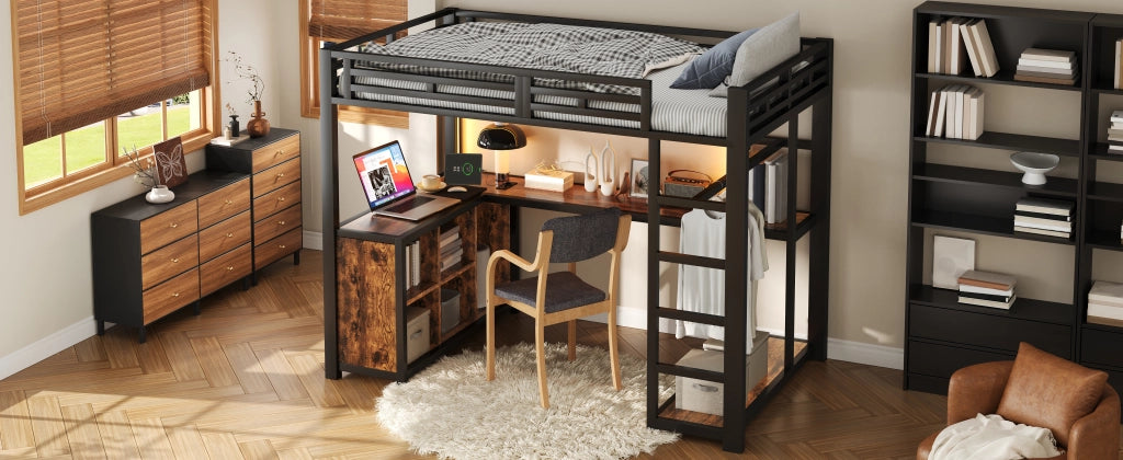 Letto a soppalco 140 × 200 cm con scrivania, LED, stazione di ricarica, armadio aperto, senza materasso, nero