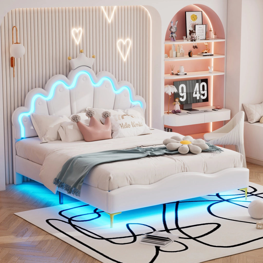 OKWISH Letto Matrimoniale 140×200 cm con LED Regolabile e Testiera Corona, Altezza Regolabile, senza Materasso, in PU, Bianco