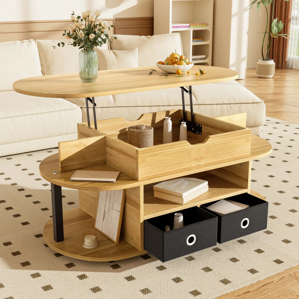 OKWISH Tavolino da Salotto Rettangolare con Piano Sollevabile, 2 Cassetti in Tessuto e Vano, Nero e Legno, 105 x 50 x 45/60 cm