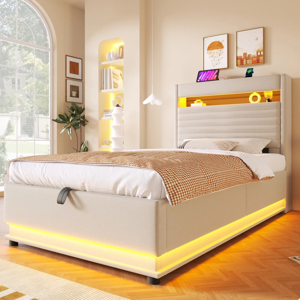 Letto contenitore imbottito 90x200 cm con apertura ribaltabile; LED tramite pulsante e App; USB-C; lino beige