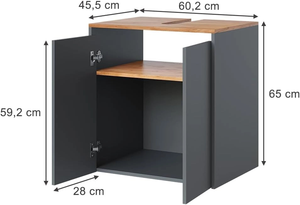 Mobile sottolavabo per bagno Viktor, Antracite/quercia dorata, 60.2 x 65 cm, con foro per sifone e ripiano interno regolabile in altezza
