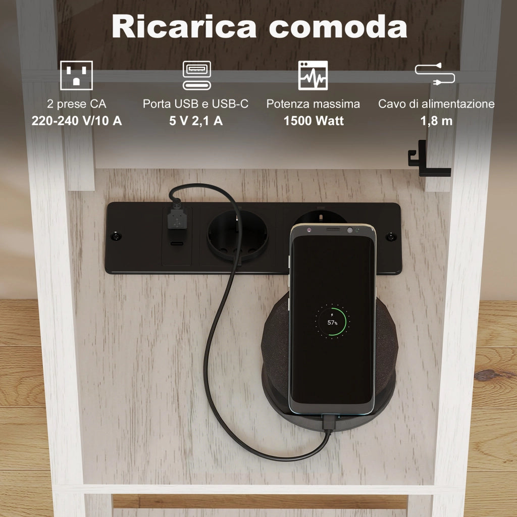 Lampada da Terra con Ripiani, Luce Regolabile, Interruttore a Pedale e Porte USB, Bianco e Rovere