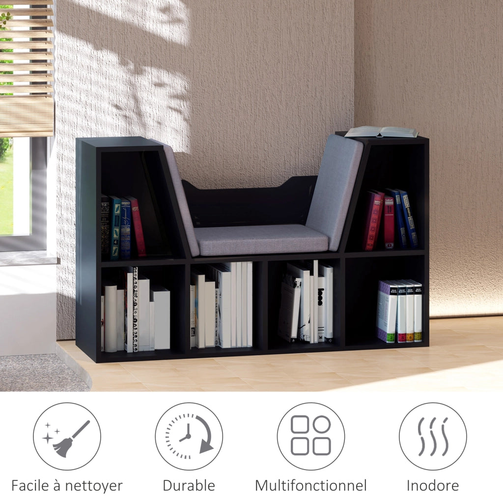 Libreria a Banco 2 in 1 con Cuscini ¨C Zephmum ¨C 102x30x61 cm, Nero