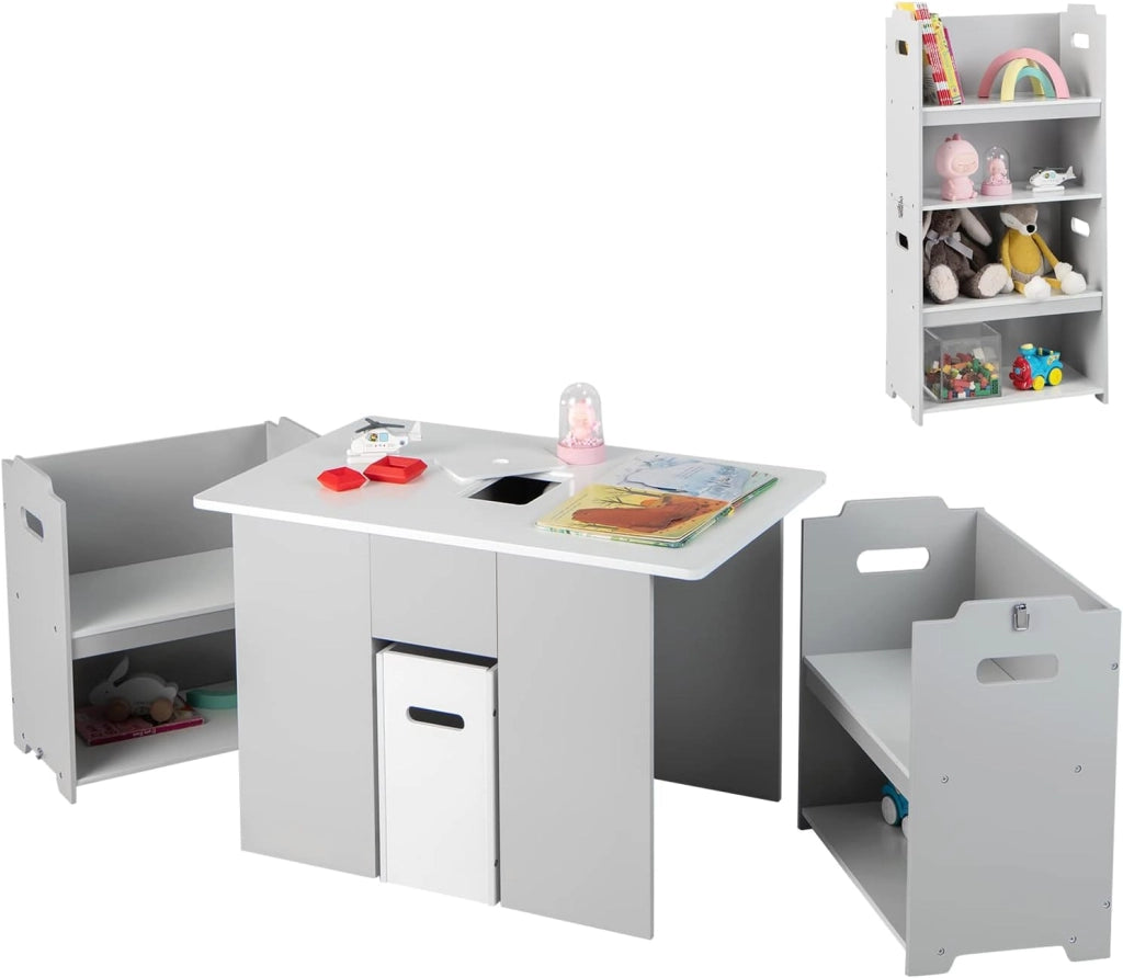 3 PZ. Set di Sedie per Bambini, Tavolino con 2 Sedie in MDF, Set Multifunzionale con Spazio di Archiviazione, Tavolo di Attività per Bambini da 3 Anni
