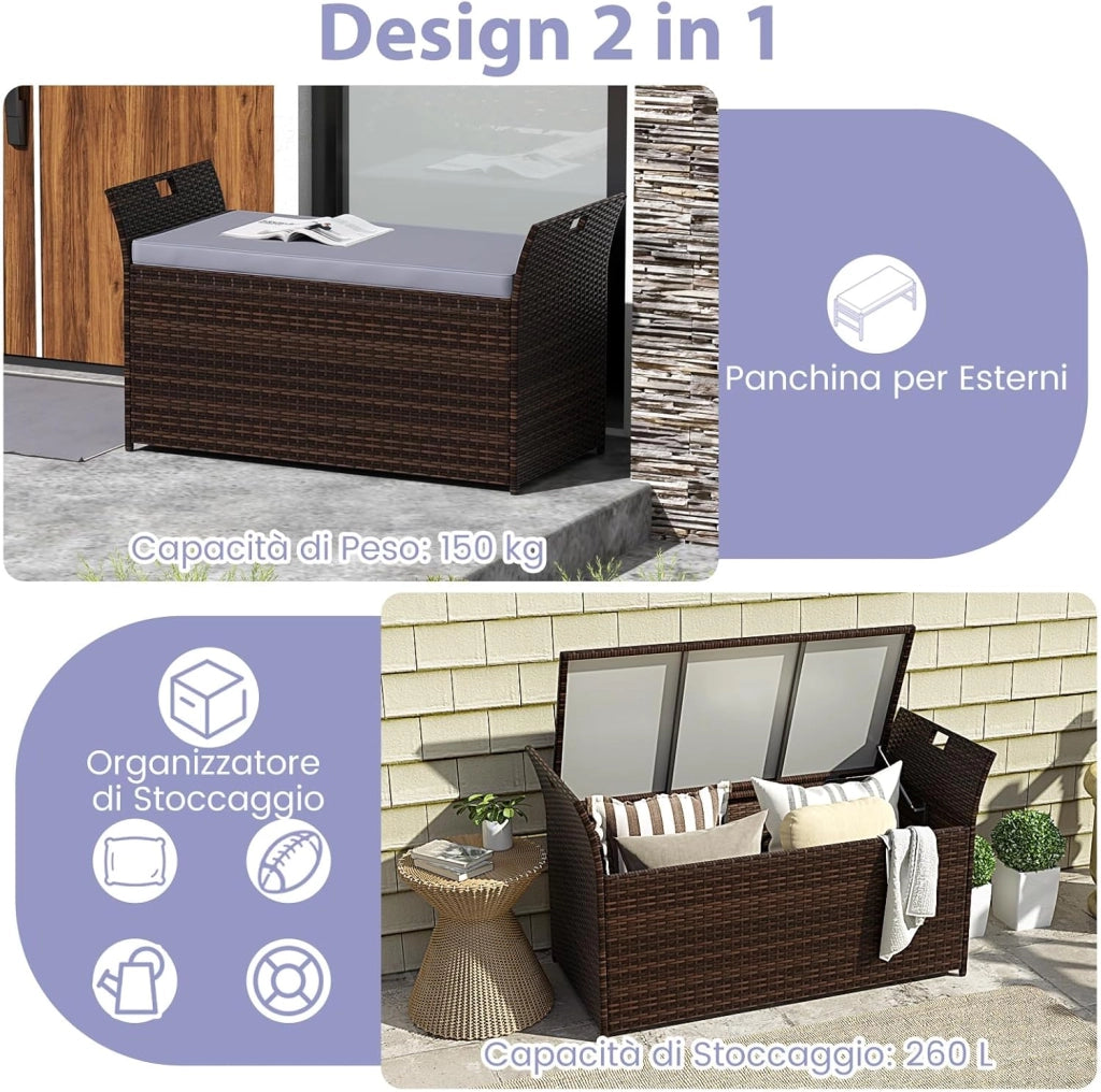 Baule da Giardino 260 L in Rattan PE, Cassapanca Contenitore da Esterno con Cuscino e Maniglie Laterali, per Interni e Esterni, 125 x 56 x 71 cm (Modello 10)