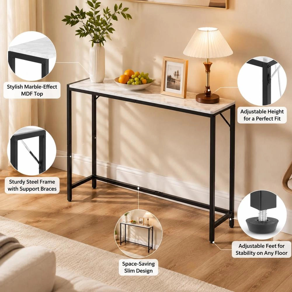 Marble Console Table, Modern Long Hallway Table (110 Cm) With Power Outlet, Thin Sofa Side Table With Iron Pipes, Anti-tip Device & Triangular Support For Living Room, Hallway, Entrance Area