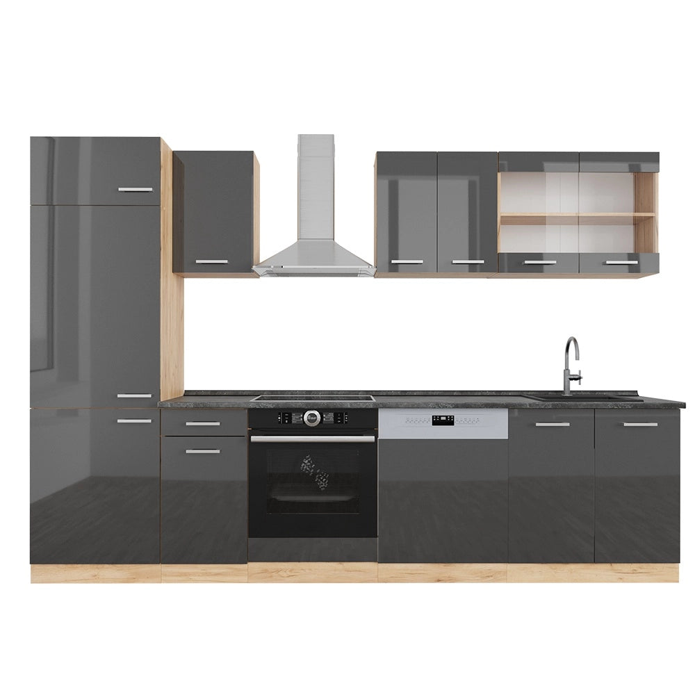 Cucina componibile R-Line Antracite lucido/Rovere dorato 300 cm, PL Antracite Vicco