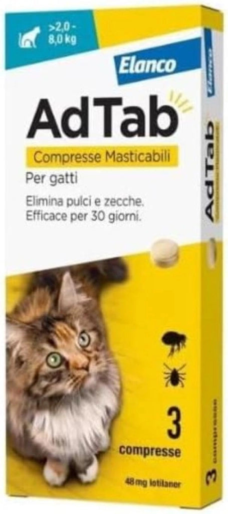 Compresse Antiparassitarie Masticabili AdTab per Gatti da 2 a 8 kg 3 Compresse da 48 mg Protezione Mensile contro Pulci e Zecche Elanco