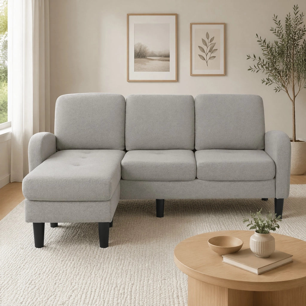 Divano angolare modulare con chaise longue 166x118x77 cm; tessuto effetto lino grigio