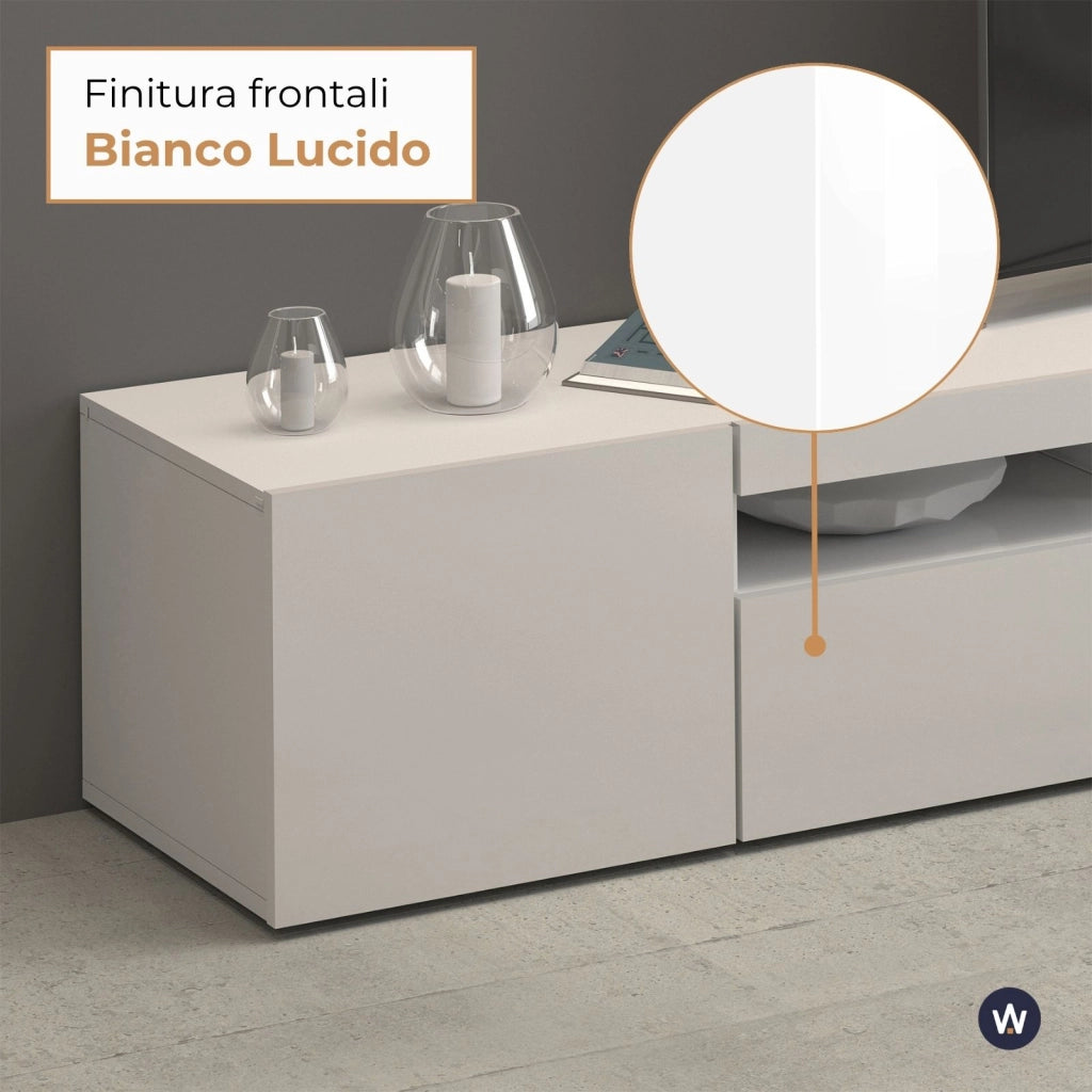 WHOUS Mobile porta tv Potenza con 4 ante e 2 vani aperti bianco lucido 260x40x36 cm