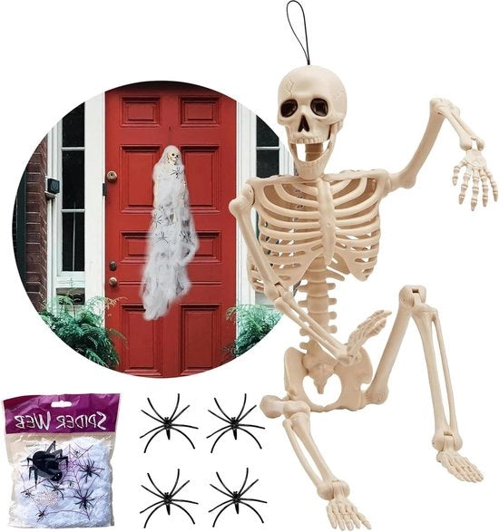 Decorazione di Halloween - scheletro con ragnatela e ragno 40 cm scheletro in plastica con articolazioni mobili