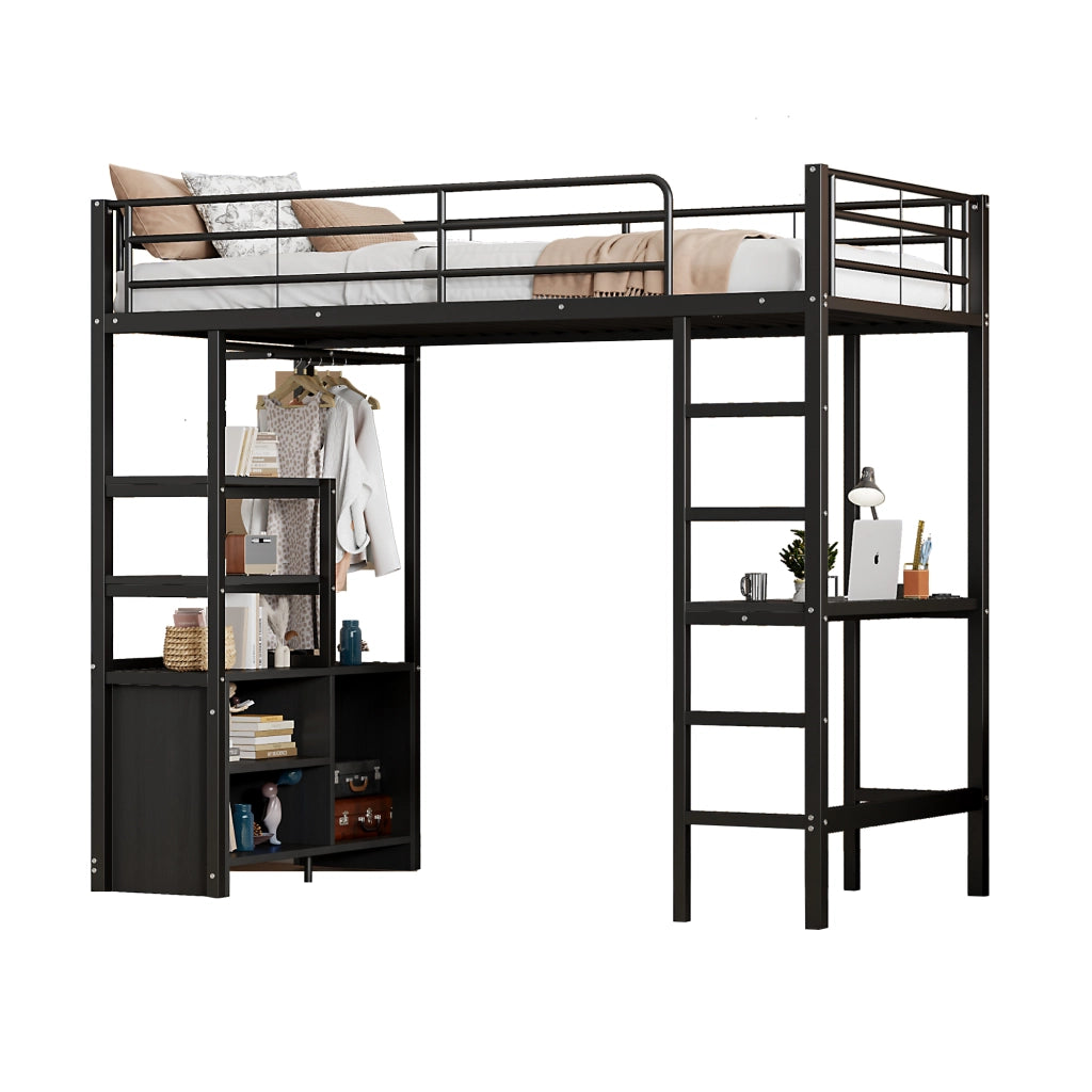 Letto a castello nero in metallo con scrivania presa usb 90x200 cm