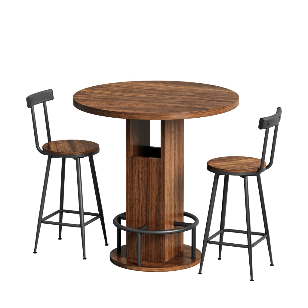 TAVOLO BAR ROTONDO 80 cm Noce Set 3 pezzi con 2 sgabelli