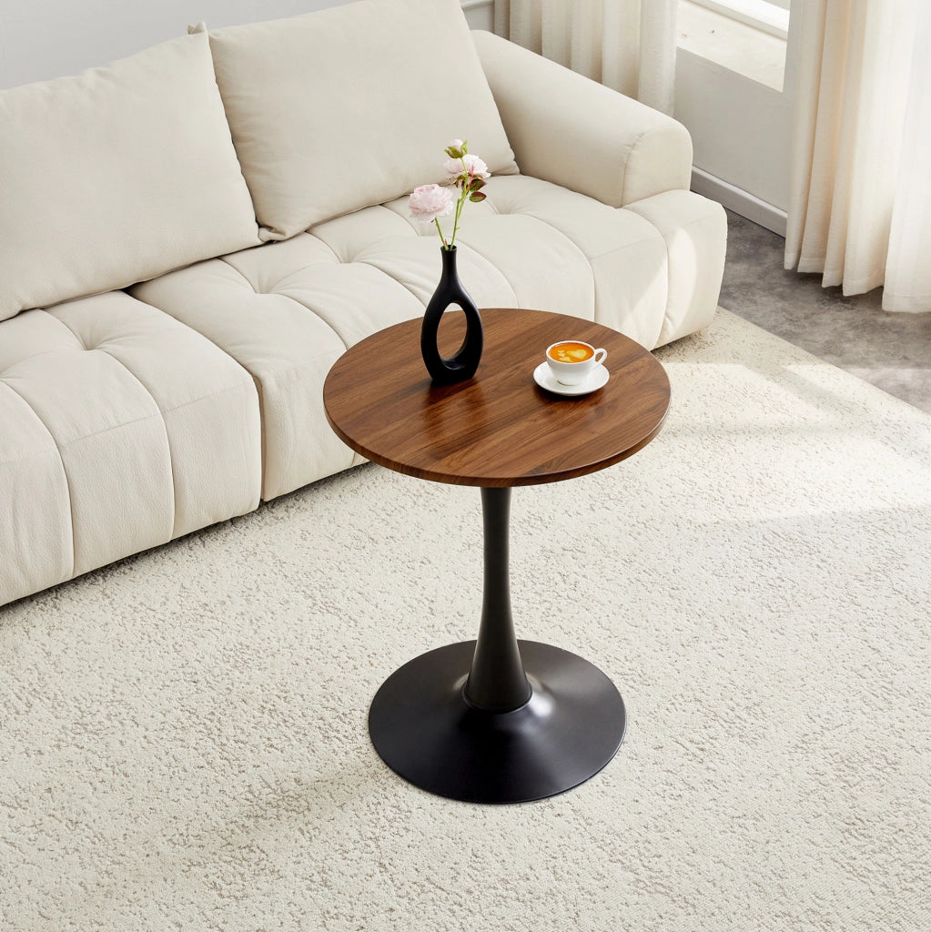Tavolo rotondo altezza 72 cm nero e noce, MDF e metallo con base centrale