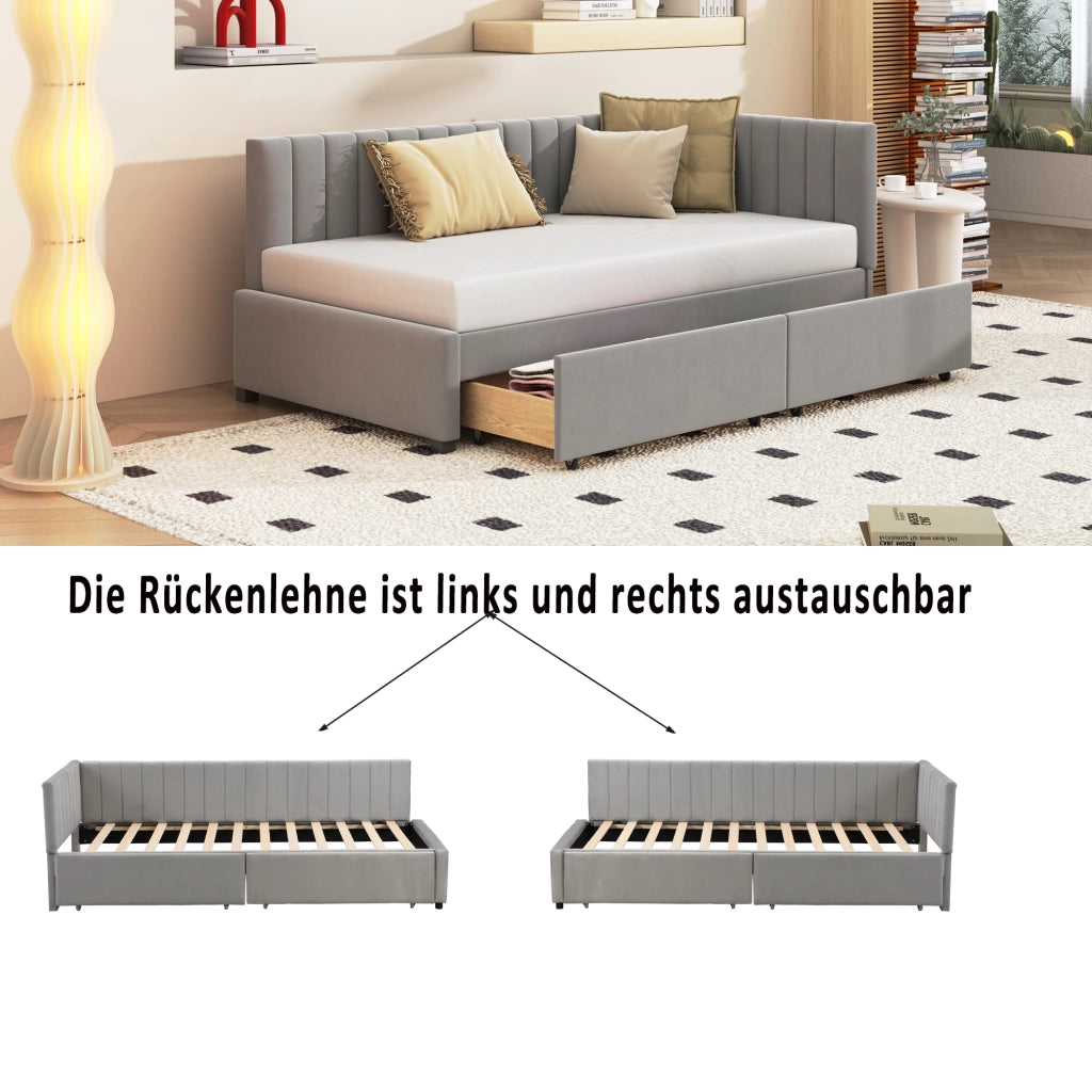 OKWISH Letto Divano Singolo, 2 Cassetti e Schienale Reversibile, 90 x 200 cm, senza Materasso, Grigio